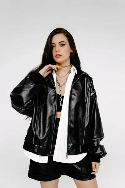 Beautiful Young Woman Black Leather Jacket Sunglasses Posing White Background Stockfoto