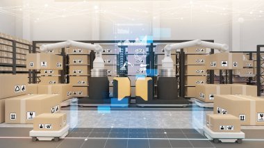 Warehouse management with automated robotics,The transport vehicle uses a robotic arm.,robots to pick up the goods. using automation in product management, 3D rendering