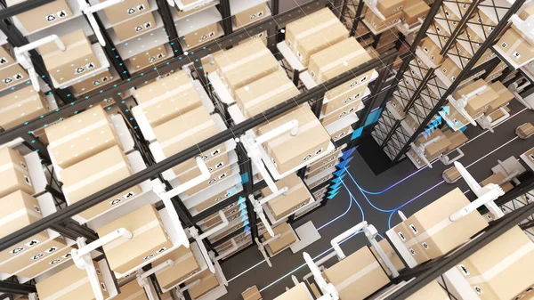 Large warehouses use robotic arms and delivery robots to pick up the goods. using automation in product management, warehouse and technology connectivity, 3D rendering