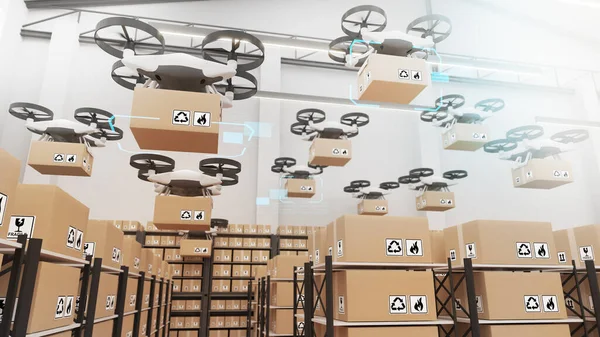 Using Technology Control Warehouse Drones Automated Delivery Drones Air Cargo — Stockfoto