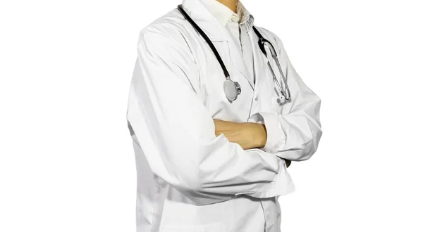 一个半站着的医生 没有脸 背对着白色的背景 拿着听诊器站在旁边 — 图库照片