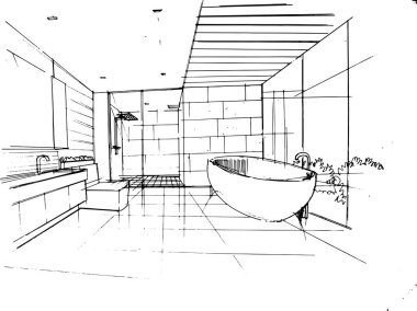 çizgi çizimi küçük banyo. Modern tasarım, vektör, 2d illüstrasyon