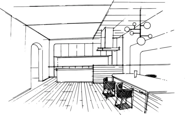スケッチ ドローイング ホールとキッチン カウンター モダンなデザイン ベクトル 2次元イラスト — ストックベクタ