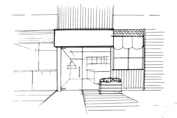咖啡店前面的线条草图 现代设计 2D插图 — 图库矢量图片