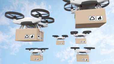 Using technology to control long distance transport drones, remote land transport drones, air cargo drones, 3D rendering.