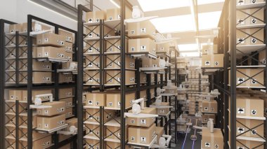 Large warehouses use robotic arms and delivery robots to pick up the goods. using automation in product management, warehouse and technology connectivity, 3D rendering