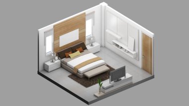Isometric view of a master bedroom,residential area, 3d rendering.