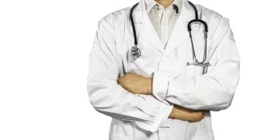 Yarım yamalak bir doktor, yüzü yok, steteskopu beyaz bir zemine dayamış. Düz dur.