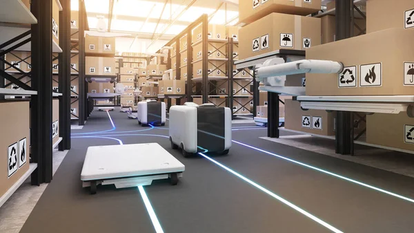 Warehouse Management Automated Robotics Transport Vehicle Uses Robotic Arm Robots — Stockfoto