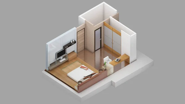 Isometric View Bedroom Residential Area Rendering — Zdjęcie stockowe