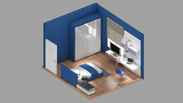 Isometric View Bedroom Residential Area Rendering — Stockfoto