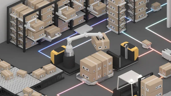 Warehouse Management Automated Robotics Transport Vehicle Uses Robotic Arm Robots — Fotografia de Stock
