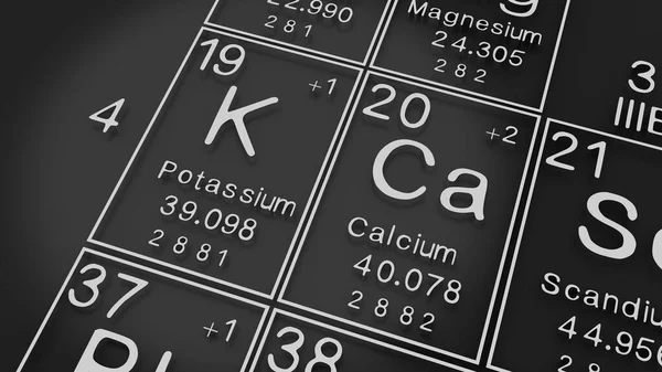 Potassium Calcium Sur Tableau Périodique Des Éléments Sur Fond Noir — Photo
