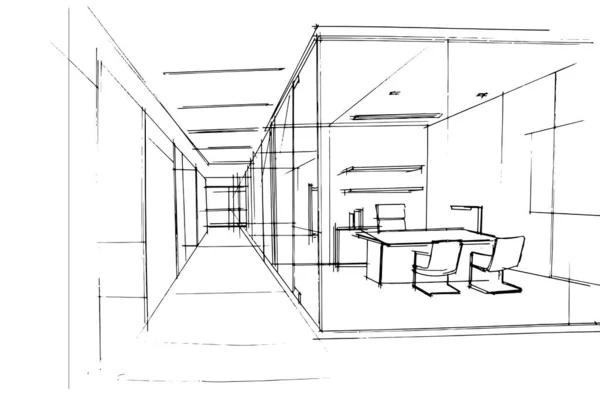 办公空间内经理房间的素描图 现代设计 2D插图 — 图库矢量图片
