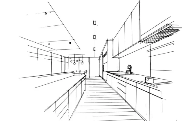 厨房草图 现代设计 2D插图 — 图库矢量图片