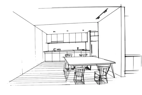 スケッチ図面館とキッチンカウンターダイニングテーブルと椅子モダンなデザインベクトル2次元イラスト — ストックベクタ