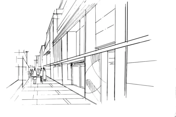 Линейный Рисунок Большого Города Пешеходной Перспективе Современный Дизайн Вектор Иллюстрация — стоковый вектор