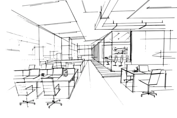 Büroarbeitsplatzskizze Zeichnung Modernes Design Vektor Illustration — Stockvektor