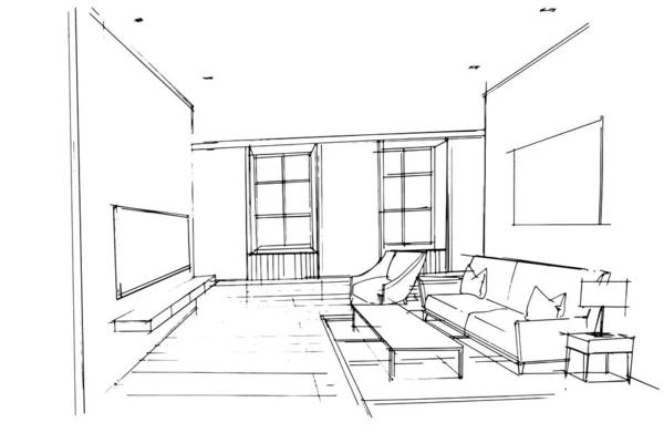 Wohnzimmer Skizze Zeichnung Modernes Design Vektor Illustration — Stockvektor