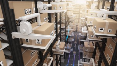 Large warehouses use robotic arms and delivery robots to pick up the goods. using automation in product management, warehouse and technology connectivity, 3D rendering