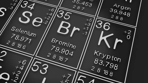 Selenium, Bromine, Krypton on the periodic table of the elements on black blackground,history of chemical elements, represents the atomic number and symbol.,3d rendering
