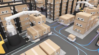 Warehouse management with automated robotics,The transport vehicle uses a robotic arm.,robots to pick up the goods. using automation in product management, 3D rendering