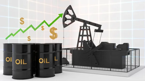 Oil barrel and oil well on white background with stock price chart rising,Oil prices affect travel and transportation finance businesses.,3d rendering