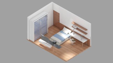 Isometric view of a bedroom,residential area, 3d rendering.