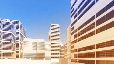 İş alanlarında ofis binaları ve yüksek binalar görülebilir. .3d görüntüleme