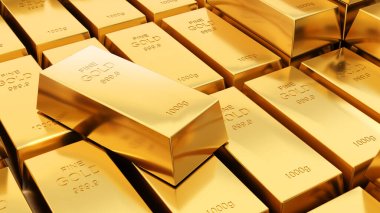 Altın külçeleri 1000 gram saf altın, iş yatırımı ve zenginlik kavramı. Altın zenginliği, 3D tasarım.