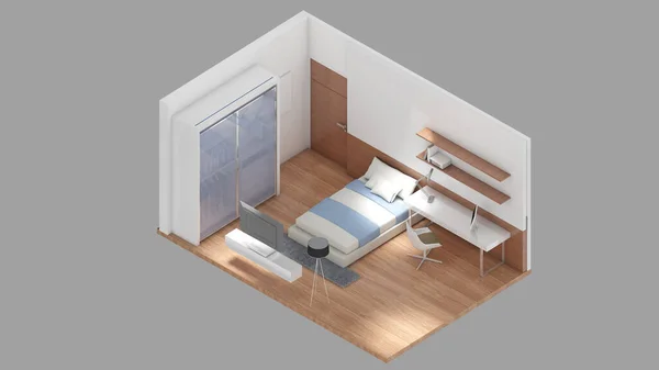 Isometric View Bedroom Residential Area Rendering — Zdjęcie stockowe