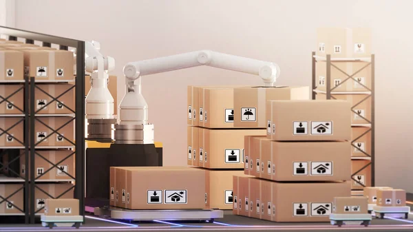 Gerenciamento Armazém Com Robôs Automatizados Caminhões Entrega Usando Braços Robô — Fotografia de Stock