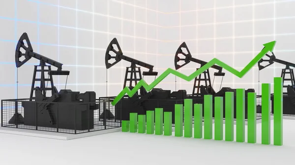 Oljefat Och Olja Brunn Vit Bakgrund Med Aktiekursen Stiger Oljepriserna — Stockfoto