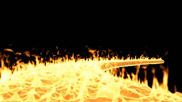 地面に火 炎は地面を飲み込んでいました 火の通り 黒の背景に炎の曲線パス 3Dレンダリング — ストック写真