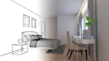 Evin yatak odası. Çizgiler ve renklerin kombinasyonu.