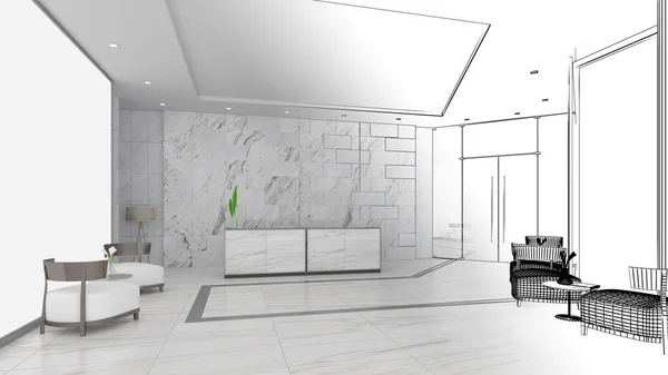 reception hall,semi-color stripes,Waiting seats and reception counter,3d rendering