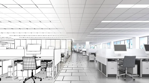 Przestrzeń Biurowa Pracy Komputerami Sprzętem Biurowym Kombinacją Rysunków Linii Koloru — Zdjęcie stockowe