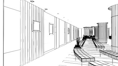 Benzin istasyonundaki bekleme alanının çizgi çizimi, 3D görüntüleme