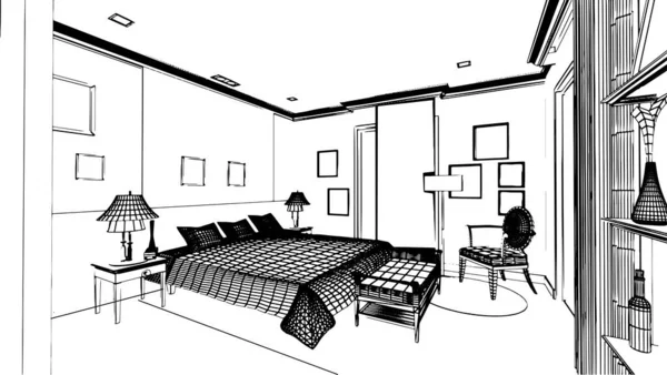 当代风格的卧房绘图 3D渲染 — 图库矢量图片