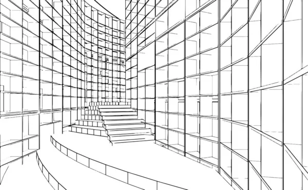书店大型书架结构的线条绘图 3D渲染 — 图库矢量图片