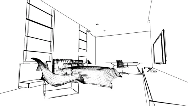 現代風の寝室の図面3Dレンダリング — ストックベクタ