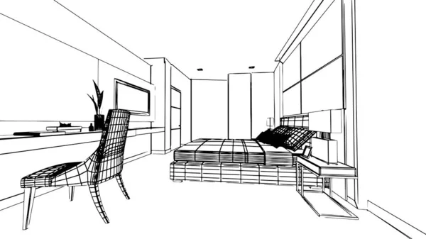 现代风格的卧房图纸 3D渲染 — 图库矢量图片