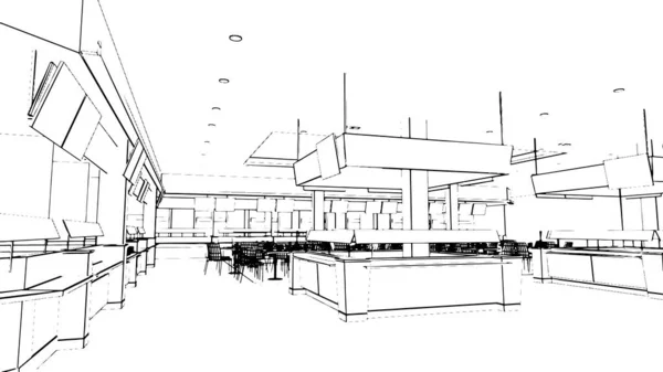 Γραμμή Σχέδιο Του Χώρου Της Αίθουσας Πολυκαταστημάτων Τμήμα Αποθήκης Τροφίμων — Διανυσματικό Αρχείο