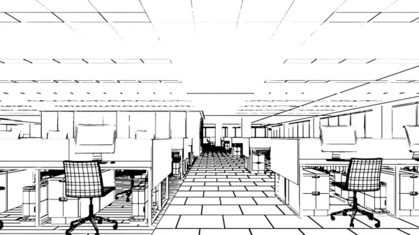 Huge Office Area Office Area Document Work Line Drawings Rendering — Stock Vector