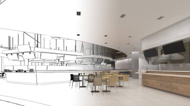 Yemek bölümü, sipariş masası, oturma odası, çizgi çizimleri ve renklerin kombinasyonu.