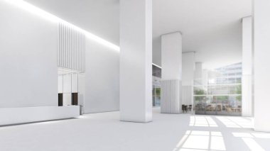 Büyük ofis salonu. Beyaz yapı ışıkla parıldıyor. Ofis alanı, 3D görüntüleme.