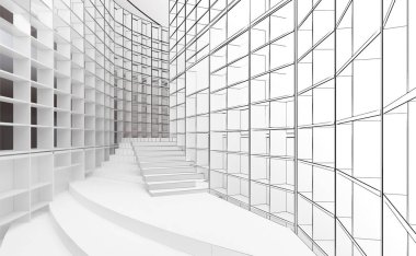 Bir kitapçının koridoru, kitapçı, çizgi çizimleri ve renklerin kombinasyonu, 3D çizim.