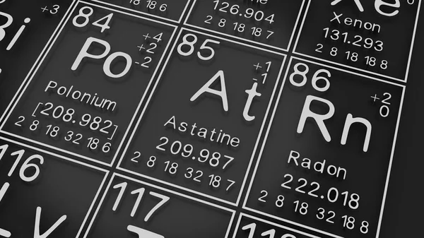 Polonium, Astatine, Radon on the periodic table of the elements on black blackground,history of chemical elements, represents the atomic number and symbol.,3d rendering