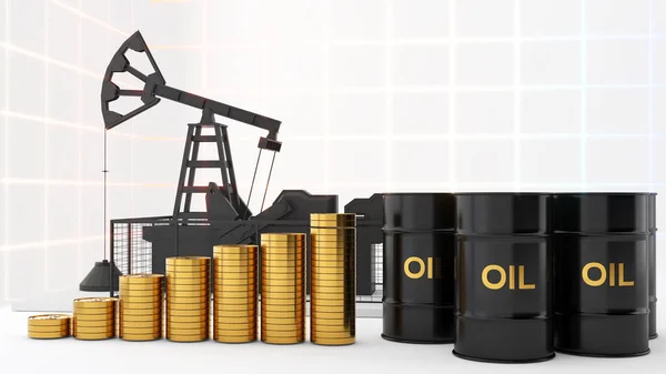 Oil barrel and oil well on white background with gold coin,Oil prices affect travel and transportation finance businesses.,3d rendering