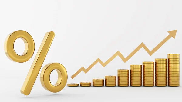 Gouden Munt Gouden Pijl Uptrend Witte Achtergrond Percentage Pictogram Dollar — Stockfoto